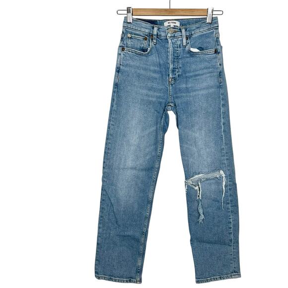 Re/Done 70s Stove Pipe Jeans Womens 24 Distressed High Rise Rodeo Indigo Hole - Picture 1 of 8